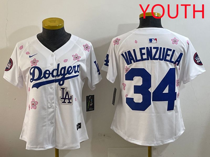 Youth Los Angeles Dodgers #34 Valenzuela White Sakura Edition 2025 Nike MLB Jersey style 9